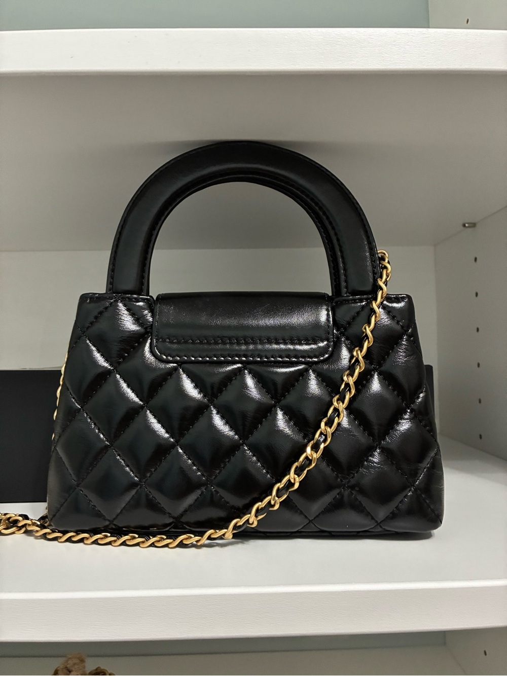Quilted Black Top-Handle Crossbody with Gold Chain